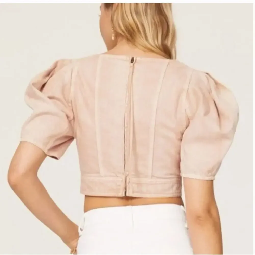 Ulla Johnson Size 12 Renee Denim Bustier Puff Sleeve Crop Top Sweetbriar Blush
